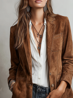 Women's Brown Suede Jacket with Contrast Stitching
