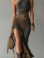Women's Printed Maxi Dress with One-Shoulder and High Slit