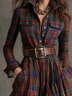 Women's Dress with Lapel and Contrasting Plaid