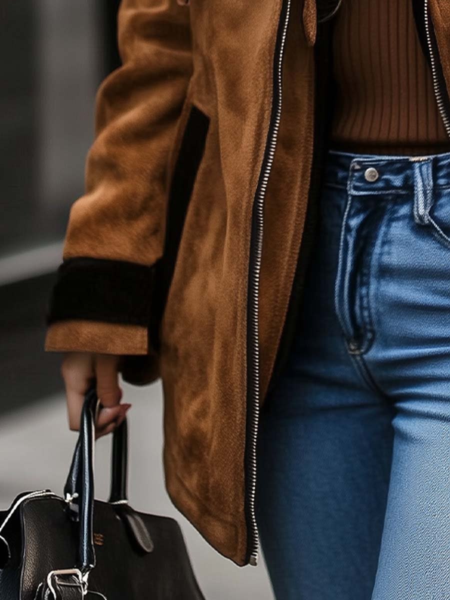 Women's Coat in Suede with Contrast Color Details and Zipper