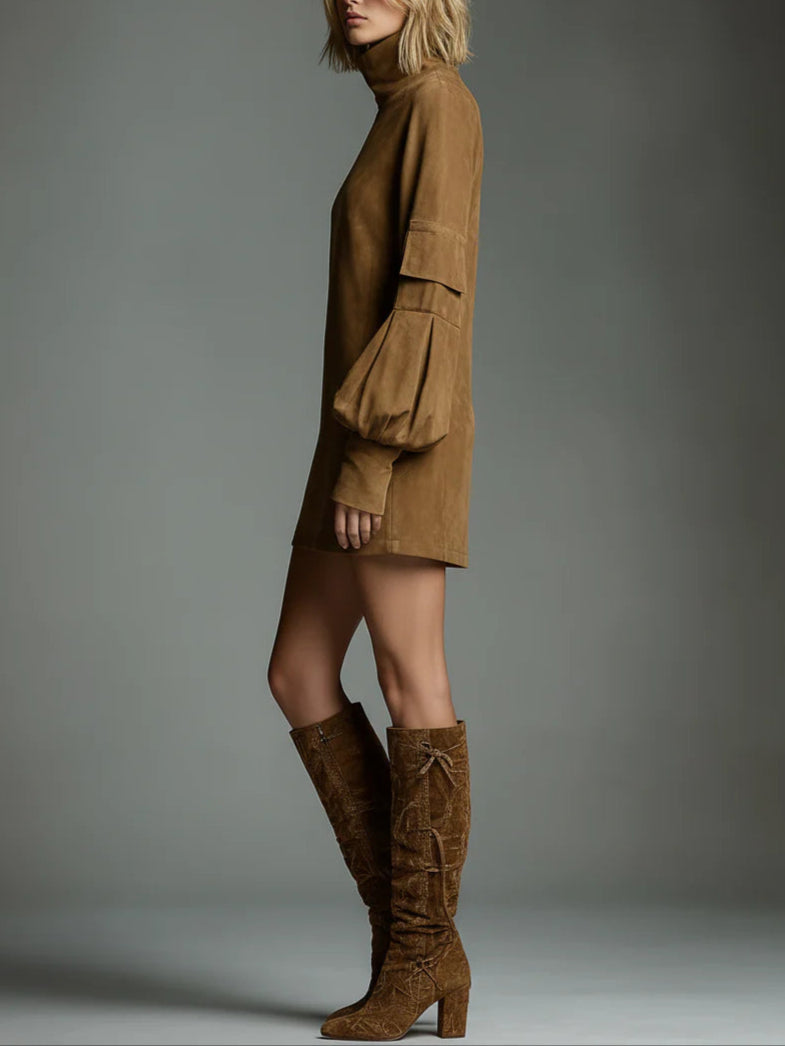 Women's Loose Suede Turtleneck Mini Dress