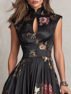 Women's Floral Pleated Satin Midi Dress with Keyhole Collar