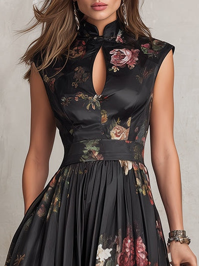 Women's Floral Pleated Satin Midi Dress with Keyhole Collar