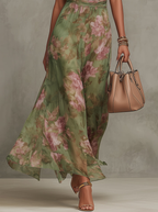 Women's Green Floral Chiffon Halter Maxi Dress