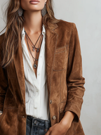 Women's Brown Suede Jacket with Contrast Stitching