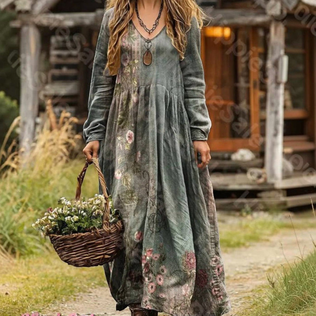 Women's Vintage Western V-Neck Maxi Dress