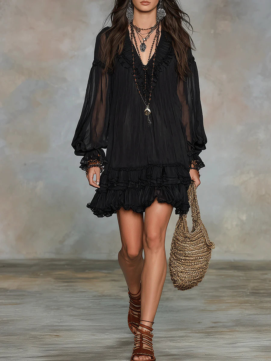 Women's Dress in Black Chiffon with V-Neck and Lantern Sleeves