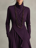 Women's Asymmetrical Pleated Maxi Dress with Turtleneck