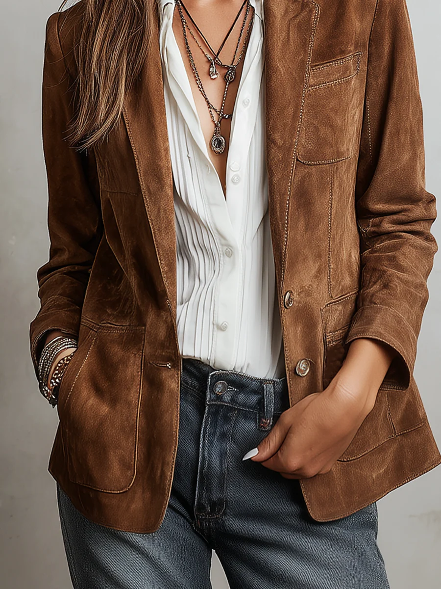 Women's Brown Suede Jacket with Contrast Stitching