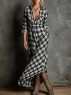 Women's Plaid Lapel Single-Breasted Shirt Maxi Dress