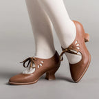 Women's Mary Jane Shoes with Lace-Up Detail and Low Block Heel