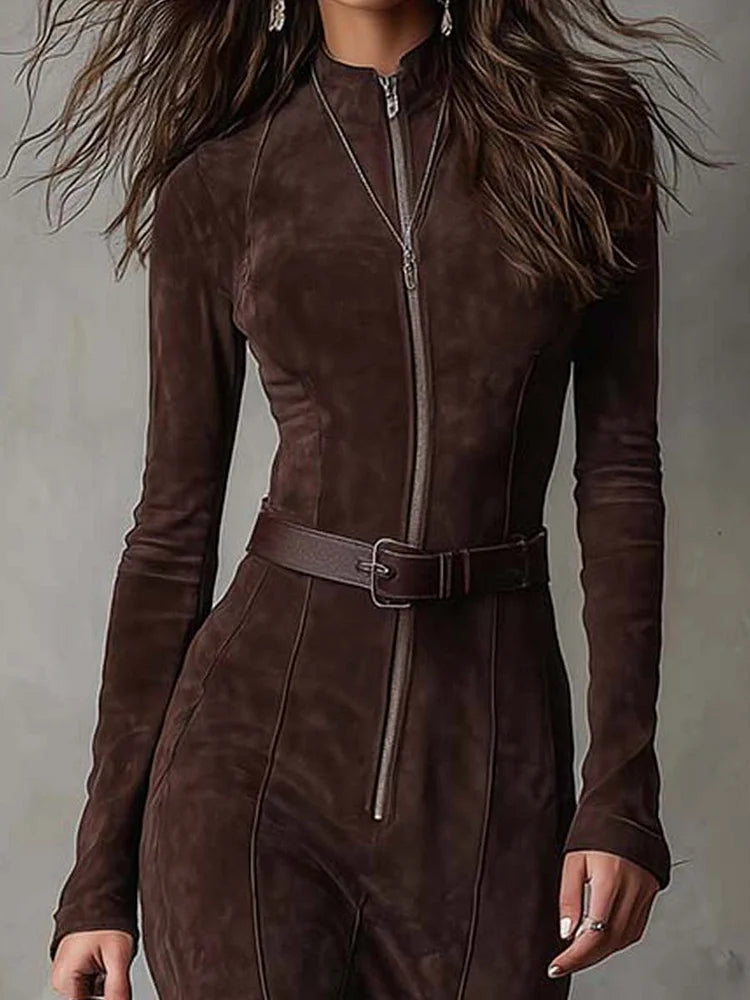 Women's Maxi Dress with Zipper Front and Belt
