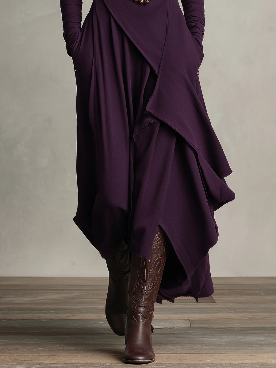 Women's Asymmetrical Pleated Maxi Dress with Turtleneck