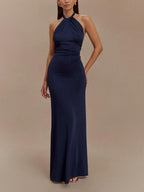 Women's Slinky Halter Maxi Dress with Ruched Detail