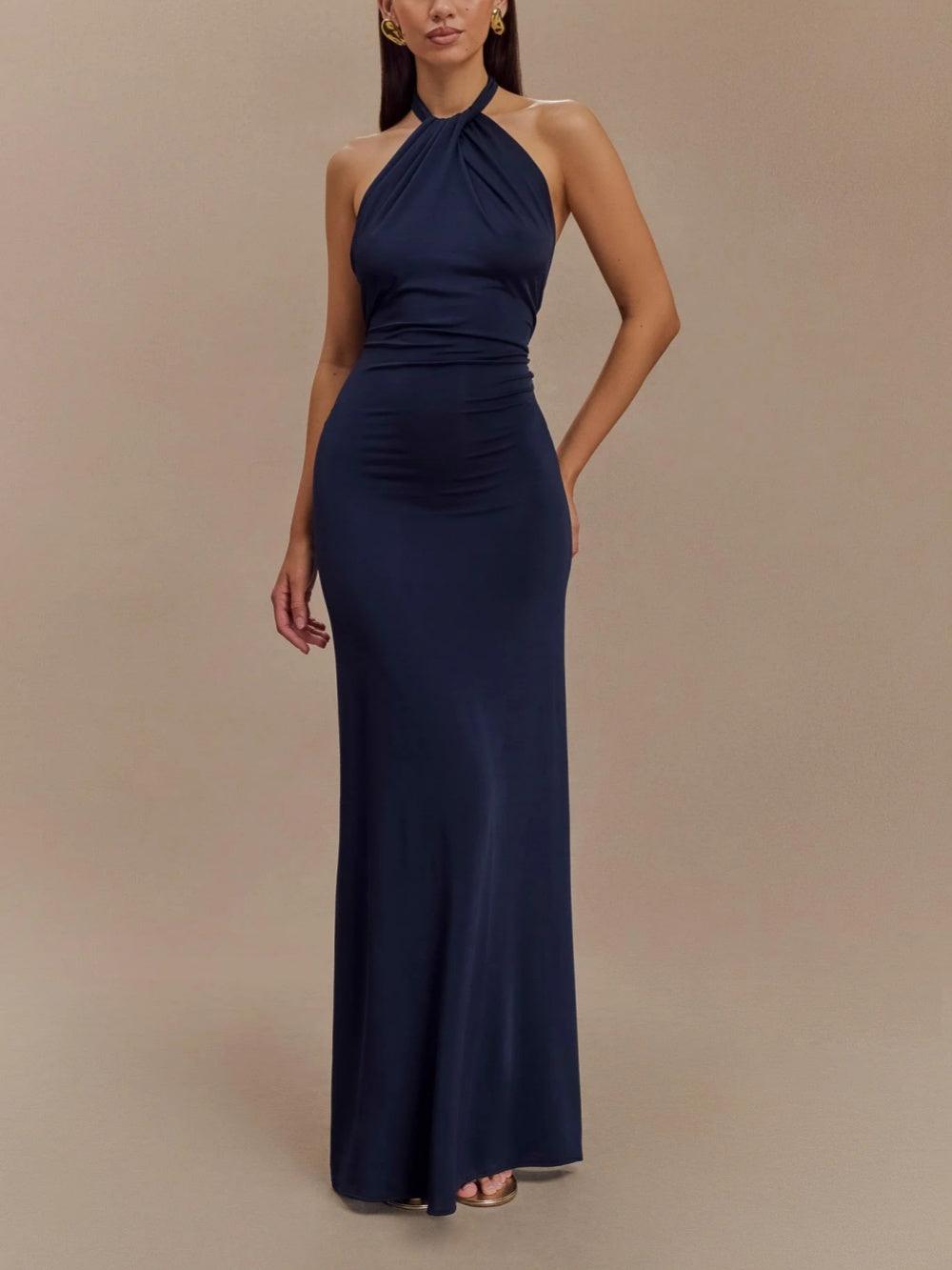 Women's Slinky Halter Maxi Dress with Ruched Detail