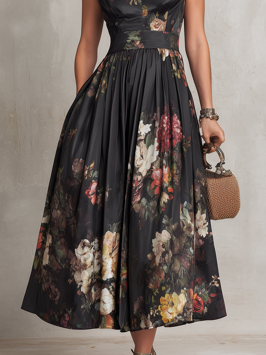 Women's Floral Pleated Satin Midi Dress with Keyhole Collar