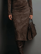 Women's Suede Midi Dress with High Neck and Long Sleeves