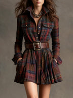 Women's Plaid Mini Dress with Lapel and Belt
