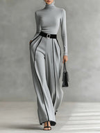 Women's Clothing Set with Turtleneck Top, Wide-Leg Pants and Belt