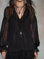 Women's Dress in Black Chiffon with V-Neck and Lantern Sleeves