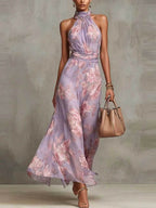 Women's Green Floral Chiffon Halter Maxi Dress