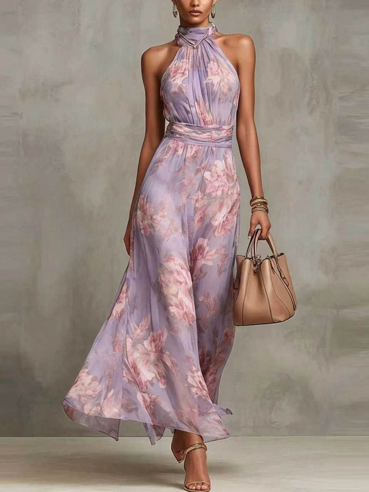 Women's Green Floral Chiffon Halter Maxi Dress