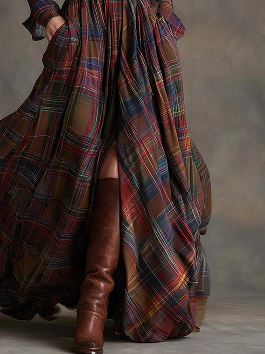 Women's Dress with Lapel and Contrasting Plaid