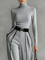 Women's Clothing Set with Turtleneck Top, Wide-Leg Pants and Belt