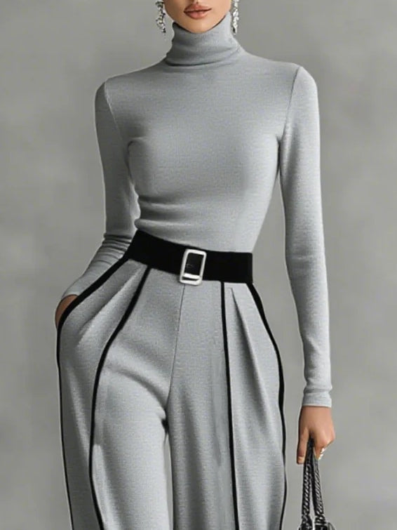 Women's Clothing Set with Turtleneck Top, Wide-Leg Pants and Belt