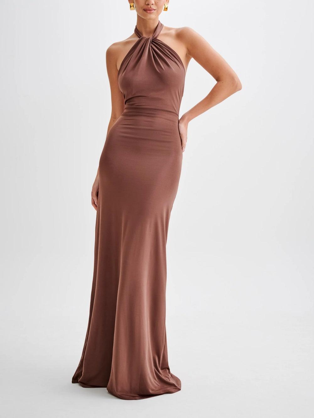 Women's Slinky Halter Maxi Dress with Ruched Detail