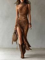 Women's Printed Maxi Dress with One-Shoulder and High Slit