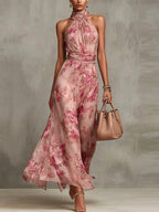 Women's Green Floral Chiffon Halter Maxi Dress