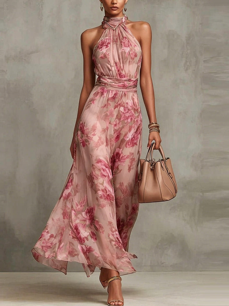 Women's Green Floral Chiffon Halter Maxi Dress