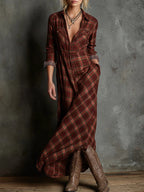 Women's Plaid Lapel Single-Breasted Shirt Maxi Dress