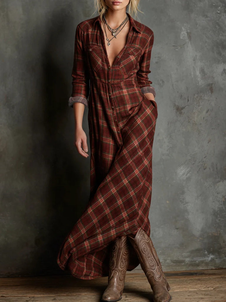 Women's Plaid Lapel Single-Breasted Shirt Maxi Dress