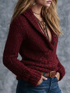 Women's Sweater with Shawl Collar and Half-Button in Burgundy