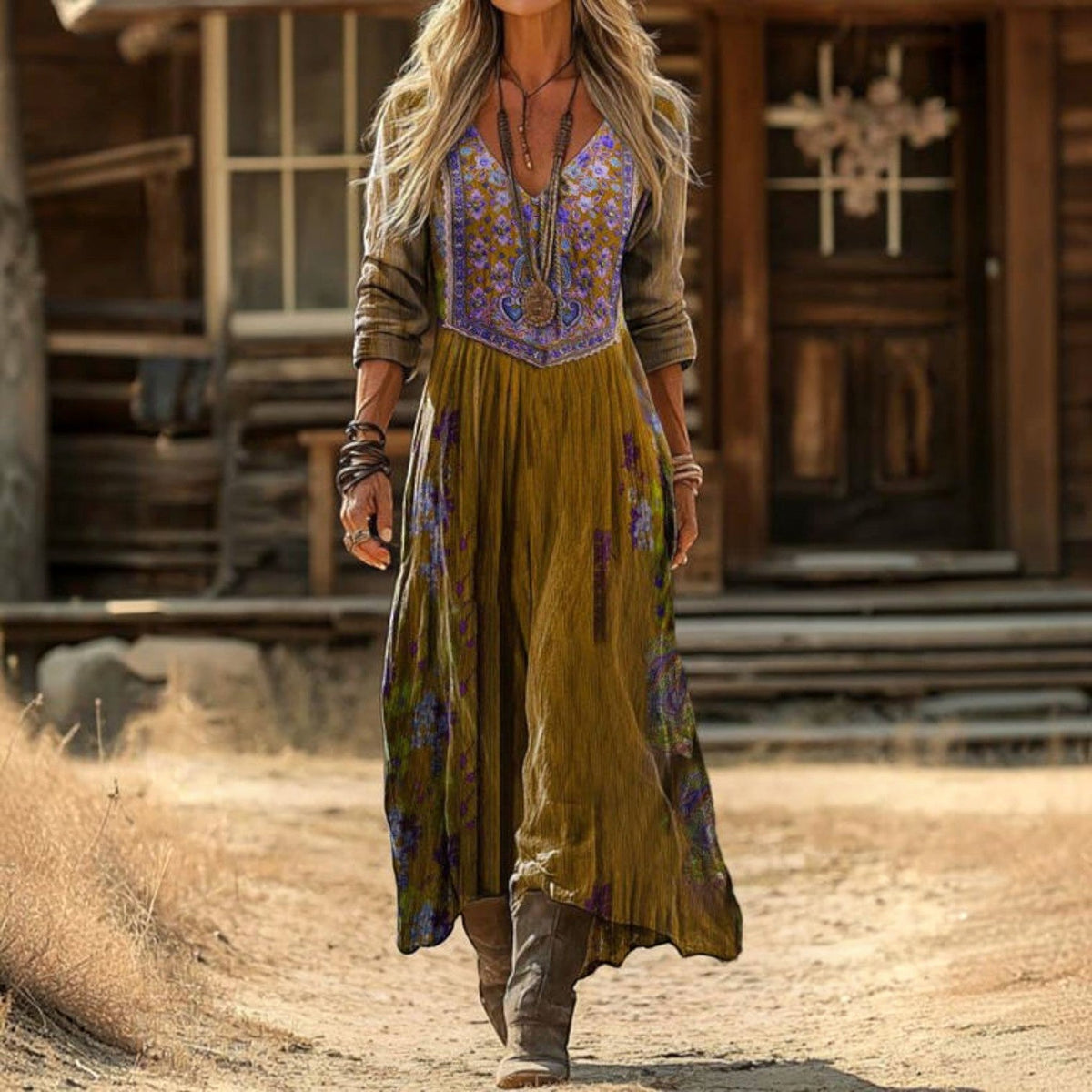 Women's Vintage Western V-Neck Maxi Dress
