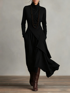 Women's Asymmetrical Pleated Maxi Dress with Turtleneck
