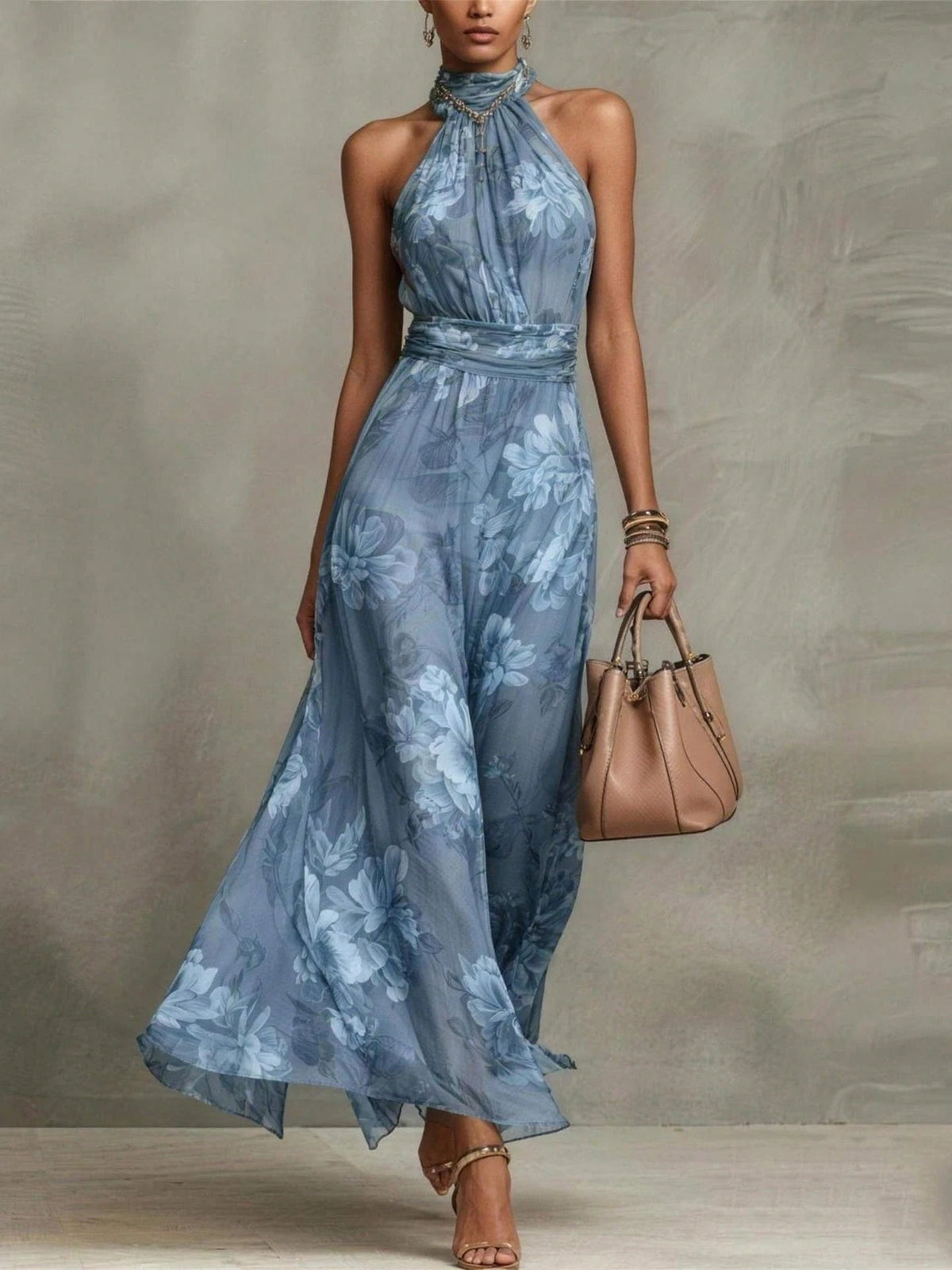 Women's Green Floral Chiffon Halter Maxi Dress
