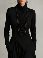 Women's Asymmetrical Pleated Maxi Dress with Turtleneck