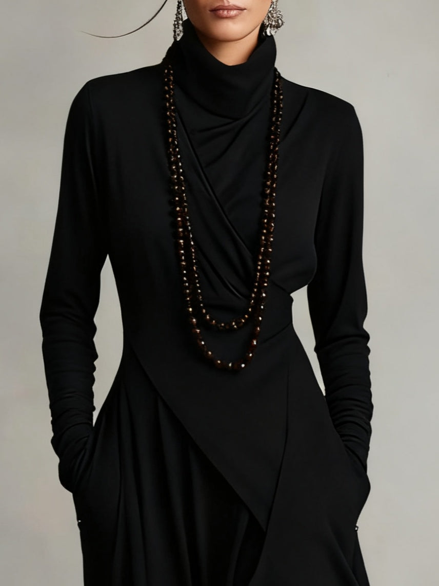 Women's Asymmetrical Pleated Maxi Dress with Turtleneck