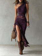 Women's Printed Maxi Dress with One-Shoulder and High Slit