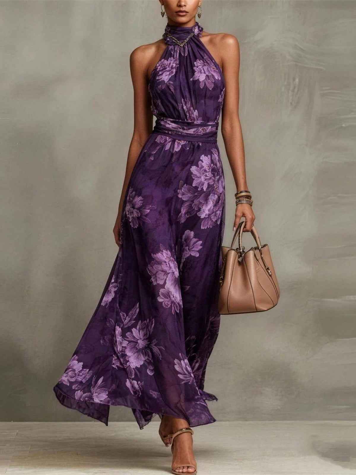 Women's Green Floral Chiffon Halter Maxi Dress