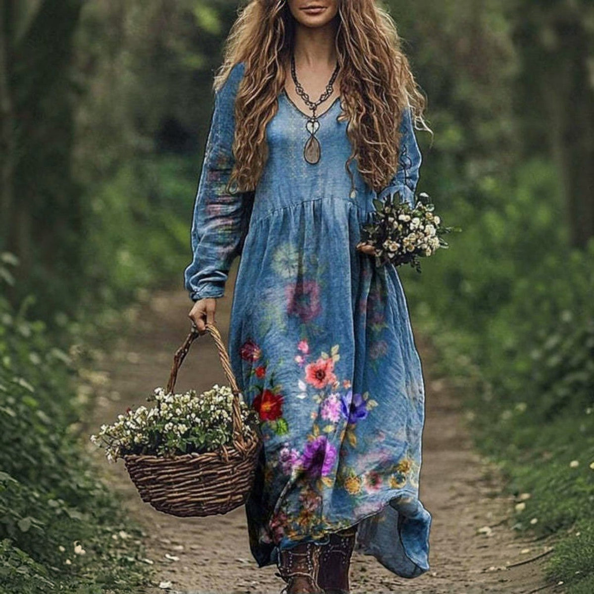 Women's Vintage Western V-Neck Maxi Dress