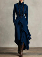 Women's Asymmetrical Pleated Maxi Dress with Turtleneck