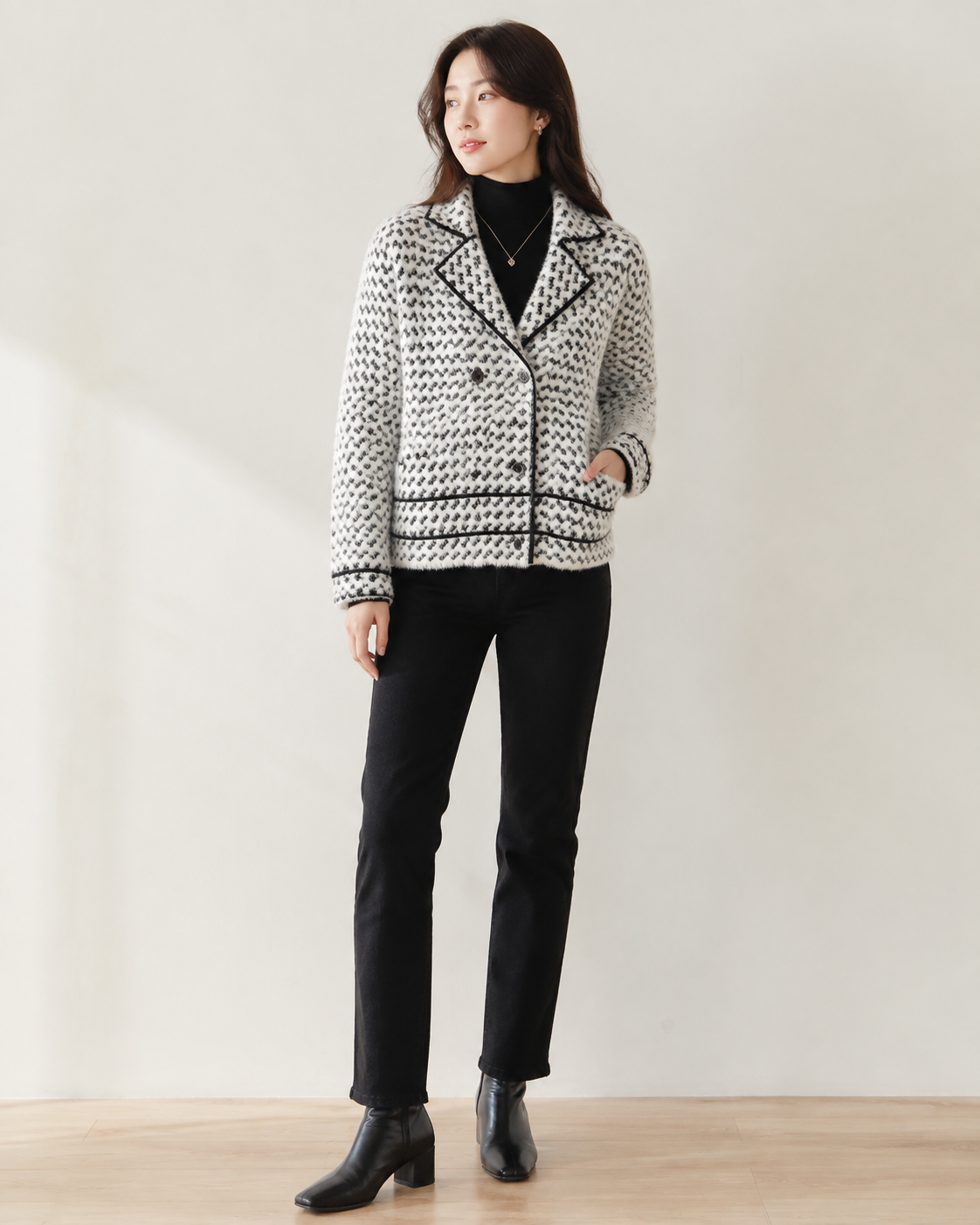 White cardigan — main model view