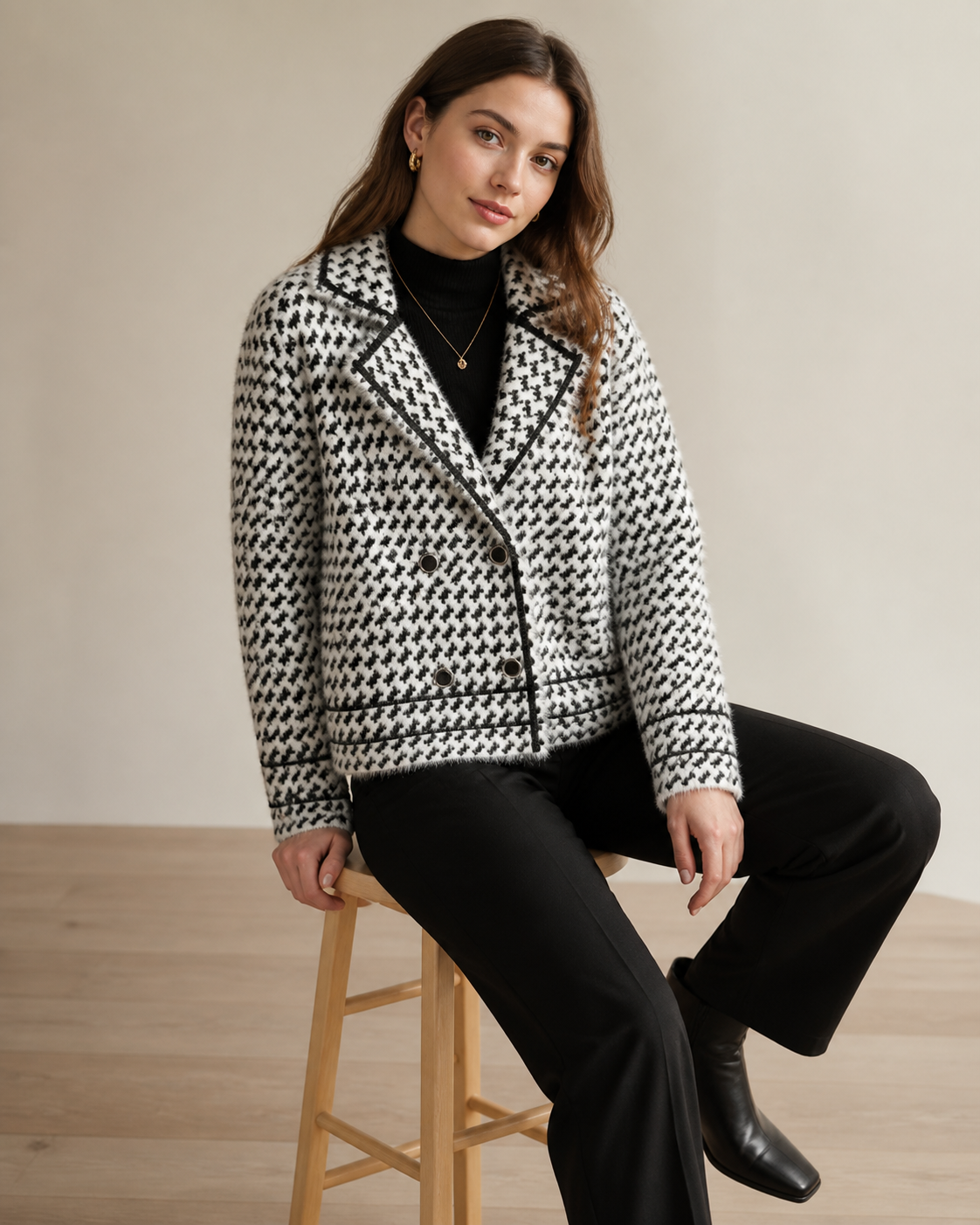 White cardigan — seated model view